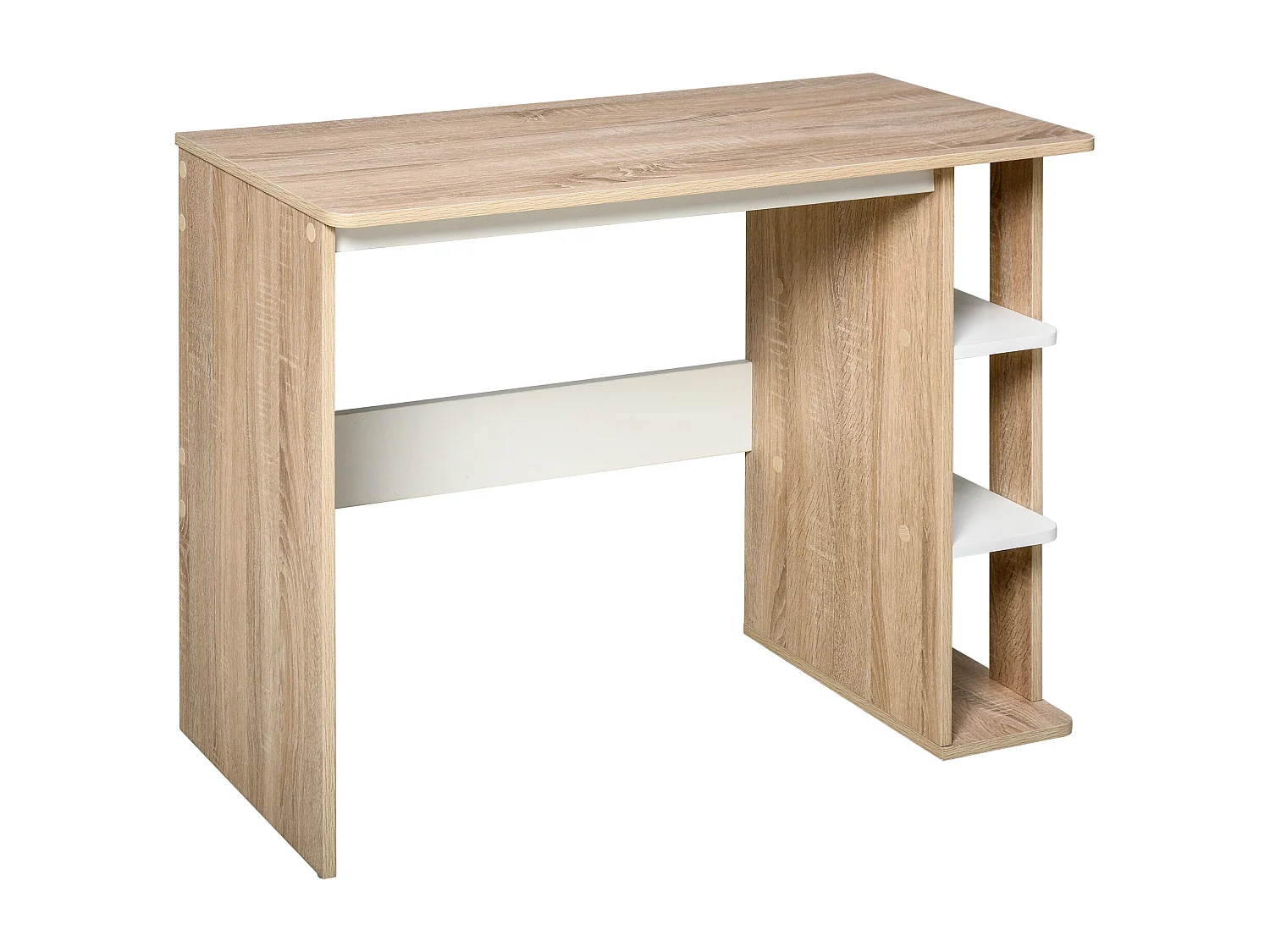 Bureau informatique multimédia dim. 100L x 44l x 74H cm 3 étagères latérales panneaux particules E1 chêne clair blanc