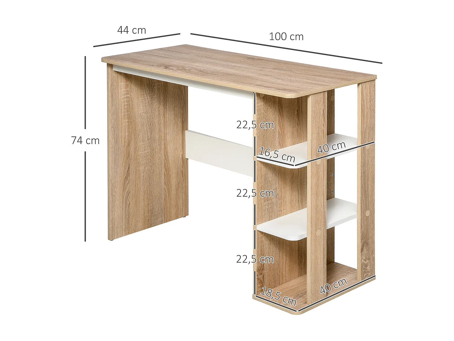 Bureau informatique multimédia dim. 100L x 44l x 74H cm 3 étagères latérales panneaux particules E1 chêne clair blanc