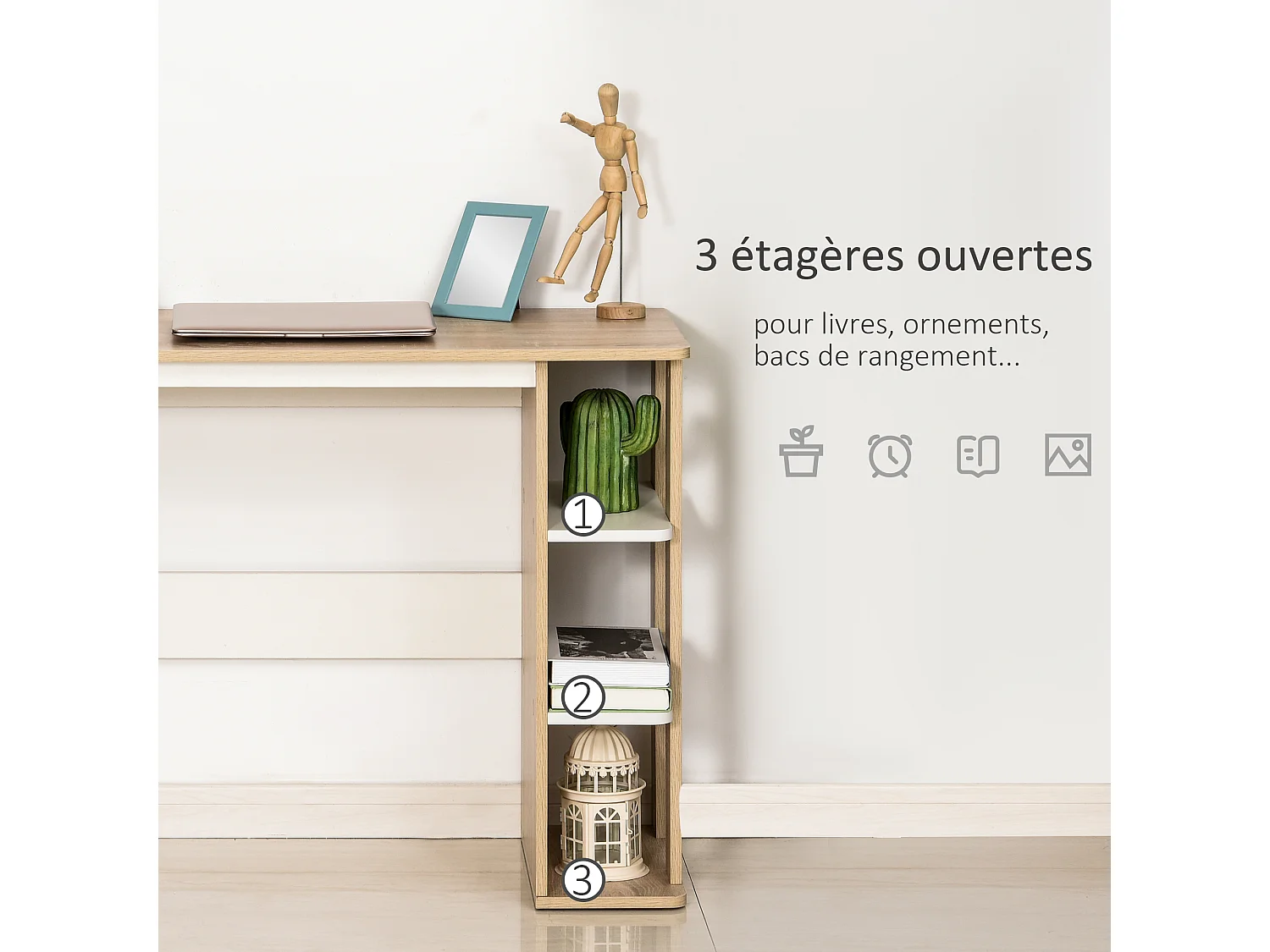 Bureau informatique multimédia dim. 100L x 44l x 74H cm 3 étagères latérales panneaux particules E1 chêne clair blanc
