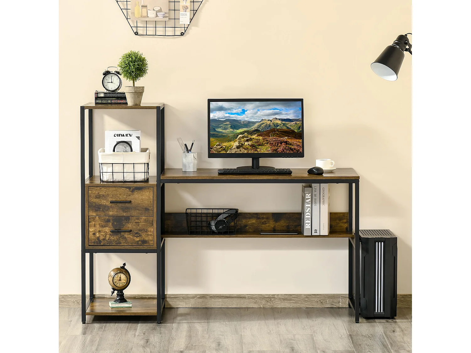 Bureau informatique design industriel avec bibliothèque 3 étagères 2 tiroirs panneaux particules aspect vieux bois métal noir