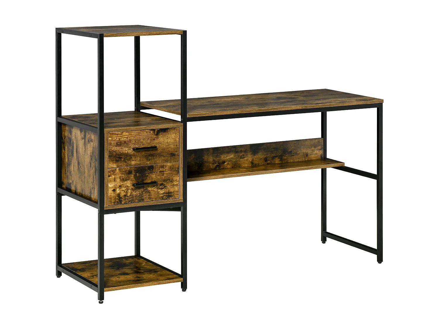 Bureau informatique design industriel avec bibliothèque 3 étagères 2 tiroirs panneaux particules aspect vieux bois métal noir