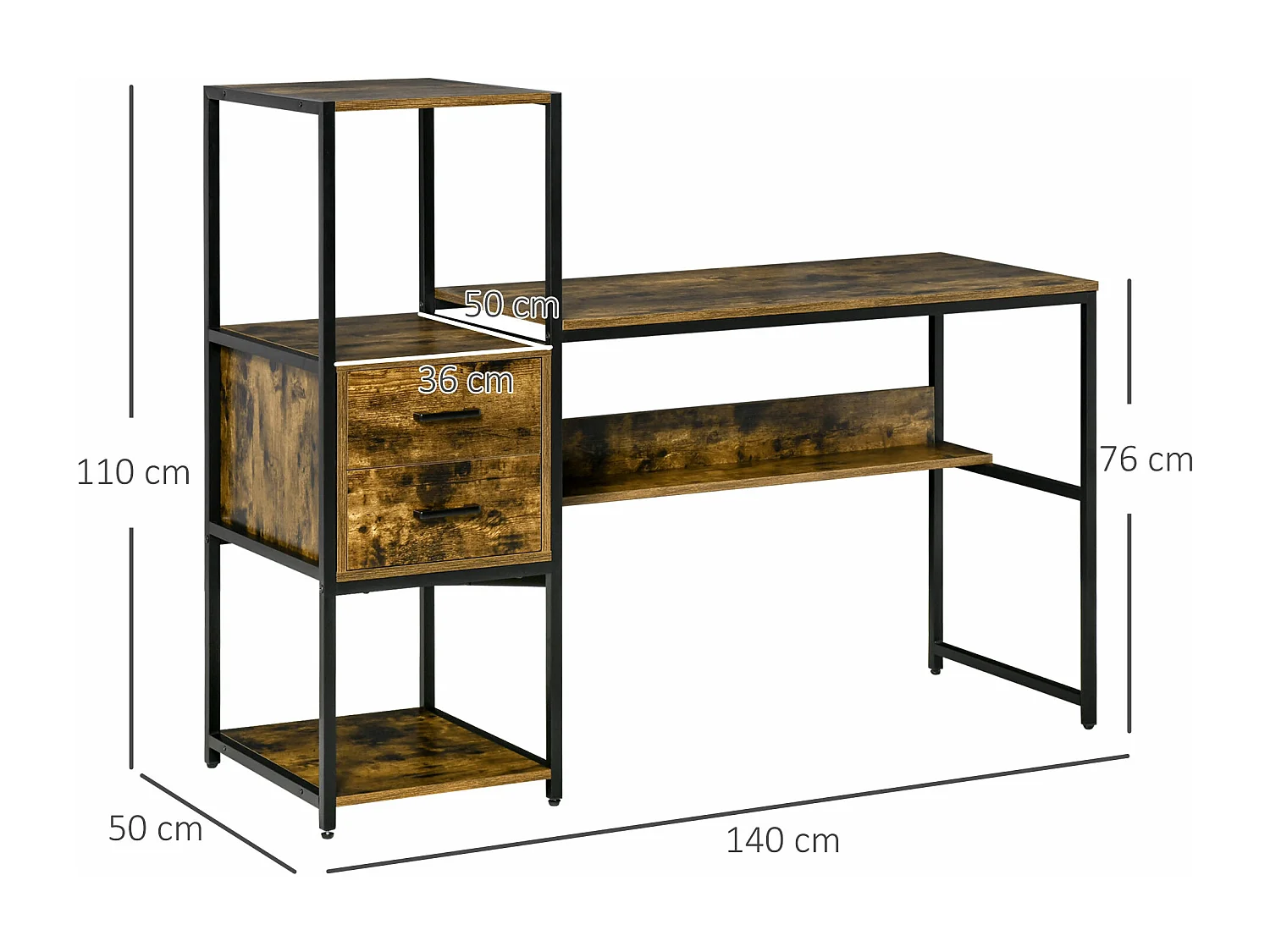 Bureau informatique design industriel avec bibliothèque 3 étagères 2 tiroirs panneaux particules aspect vieux bois métal noir