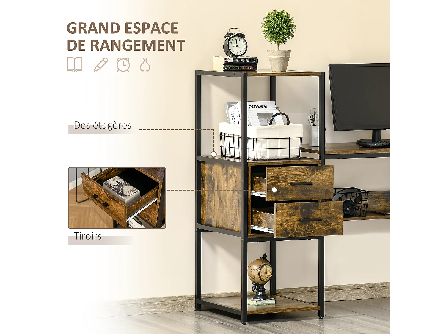 Bureau informatique design industriel avec bibliothèque 3 étagères 2 tiroirs panneaux particules aspect vieux bois métal noir