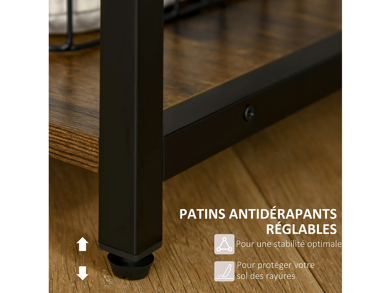 Bureau informatique design industriel avec bibliothèque 3 étagères 2 tiroirs panneaux particules aspect vieux bois métal noir