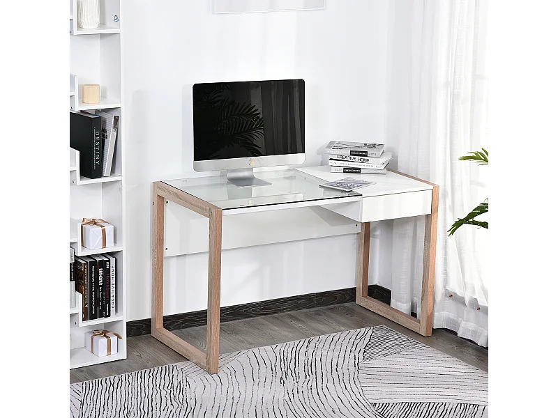 Bureau Informatique Table de Travail Ordinateur avec Grand Plateau en Verre Trempé et Tiroir Intégré Idéal pour Bureau Chambre 120 x 60 x 75 cm Blanc et Bois