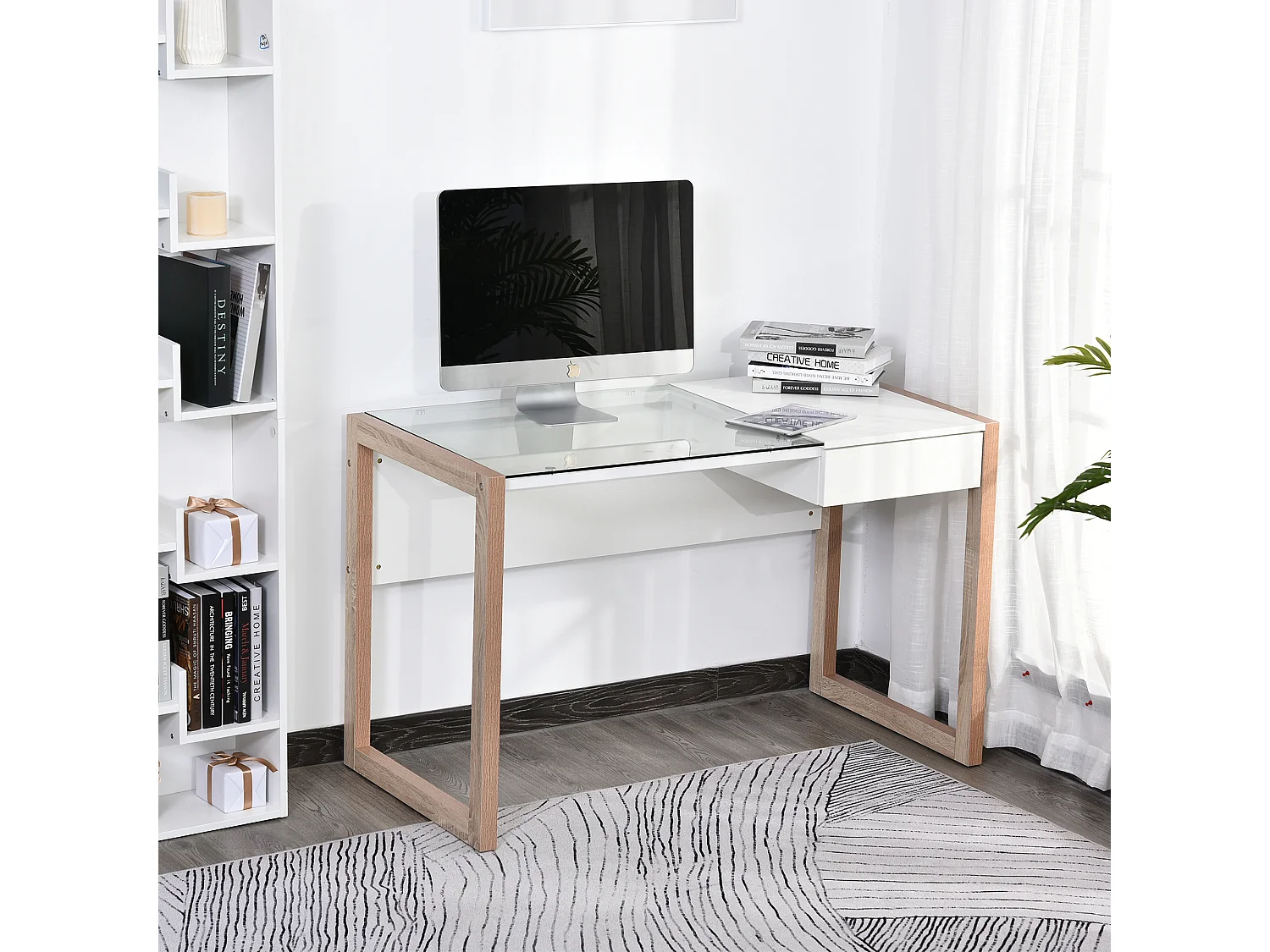 Bureau Informatique Table de Travail Ordinateur avec Grand Plateau en Verre Trempé et Tiroir Intégré Idéal pour Bureau Chambre 120 x 60 x 75 cm Blanc et Bois