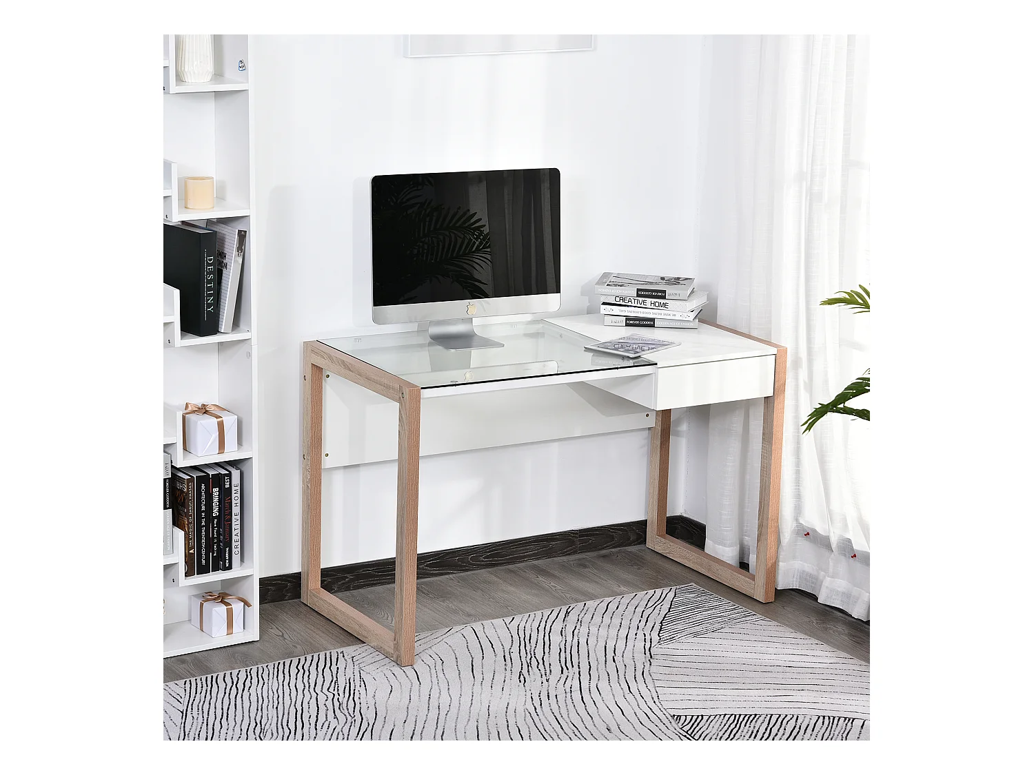 Bureau Informatique Table de Travail Ordinateur avec Grand Plateau en Verre Trempé et Tiroir Intégré Idéal pour Bureau Chambre 120 x 60 x 75 cm Blanc et Bois