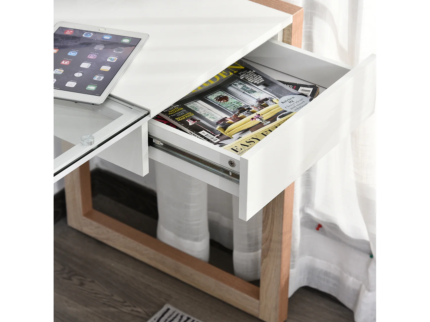 Bureau Informatique Table de Travail Ordinateur avec Grand Plateau en Verre Trempé et Tiroir Intégré Idéal pour Bureau Chambre 120 x 60 x 75 cm Blanc et Bois