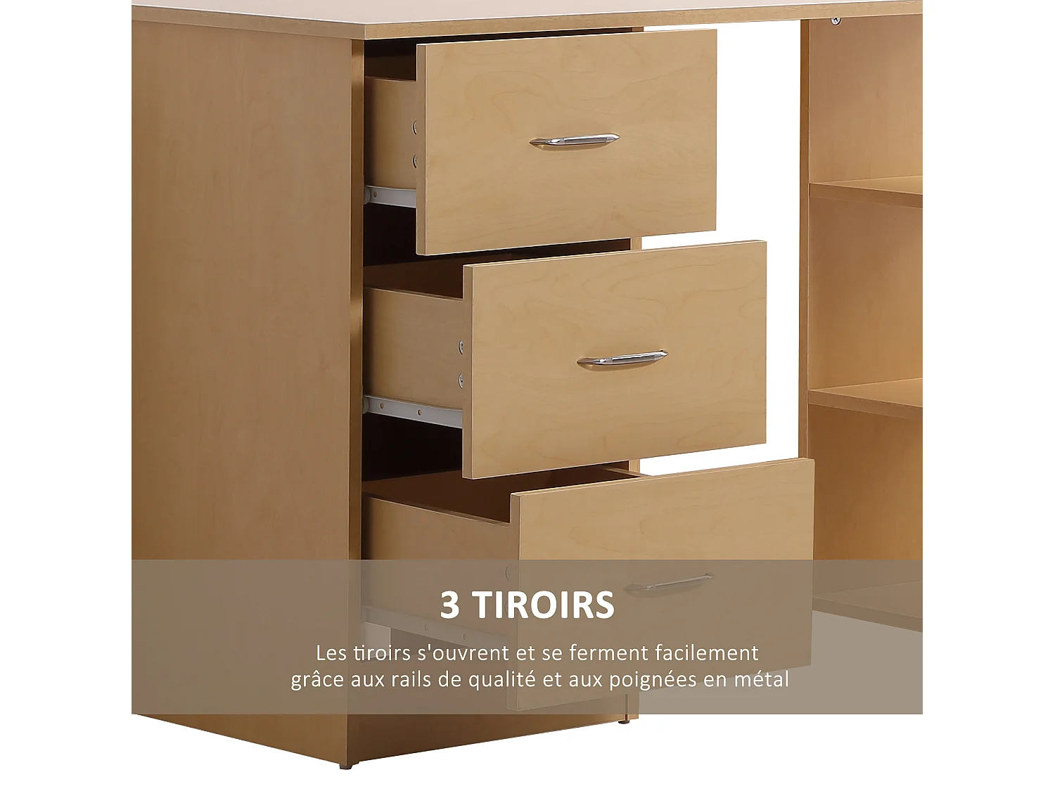 Bureau informatique table multi-fonctions 3 tiroirs 2 étagères dim. 120L x 49l x 72H cm MDF aspect bois clair