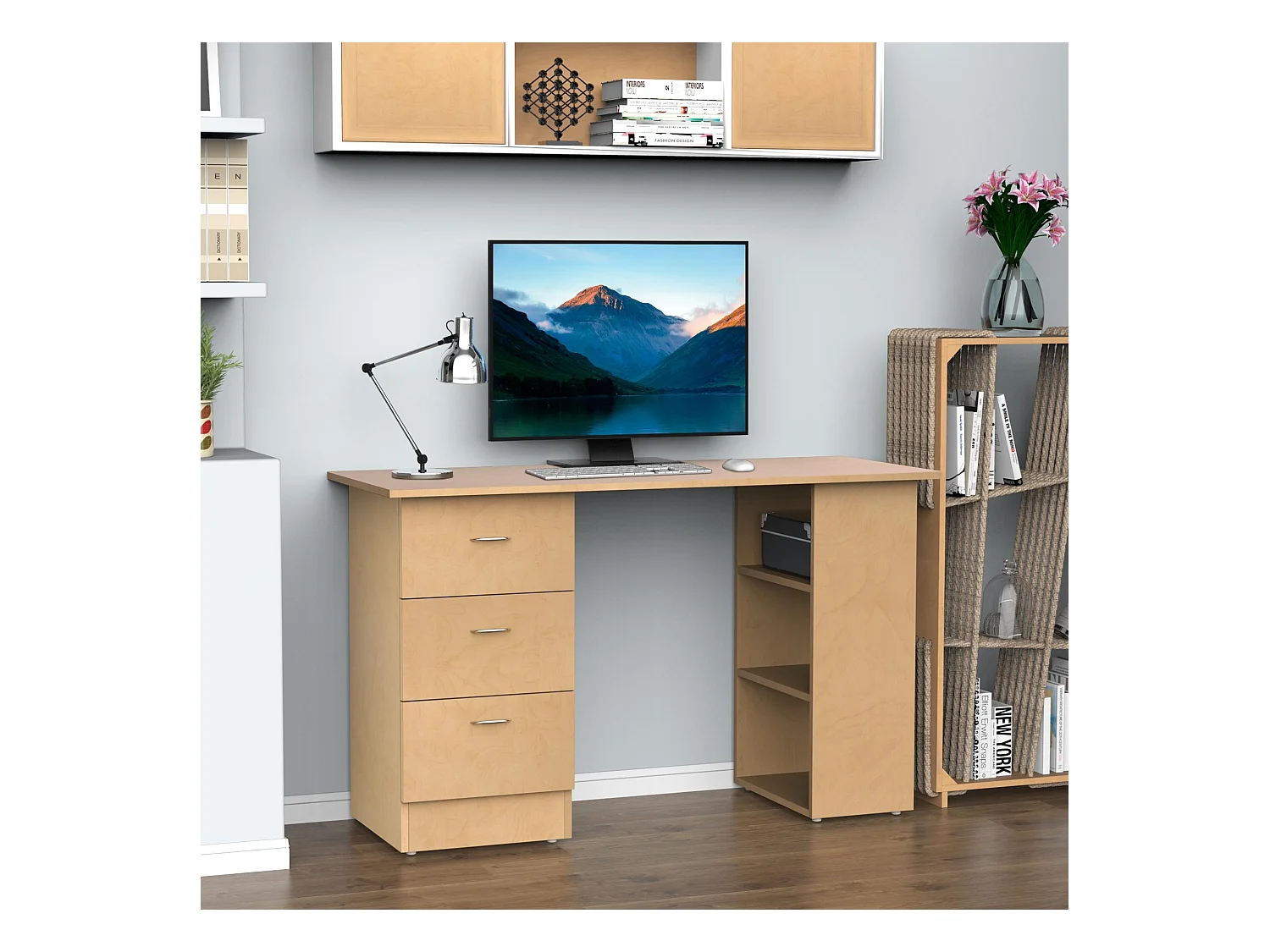 Bureau informatique table multi-fonctions 3 tiroirs 2 étagères dim. 120L x 49l x 72H cm MDF aspect bois clair
