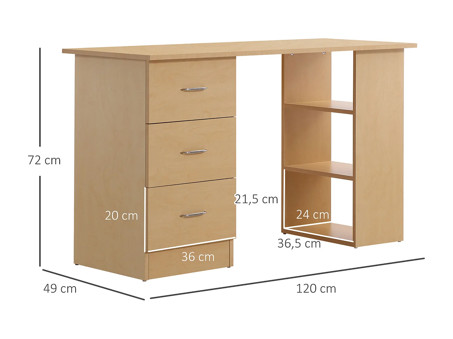 Bureau informatique table multi-fonctions 3 tiroirs 2 étagères dim. 120L x 49l x 72H cm MDF aspect bois clair