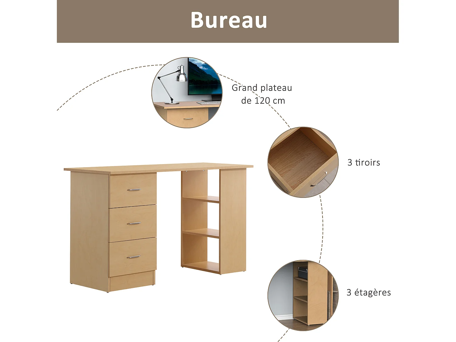 Bureau informatique table multi-fonctions 3 tiroirs 2 étagères dim. 120L x 49l x 72H cm MDF aspect bois clair