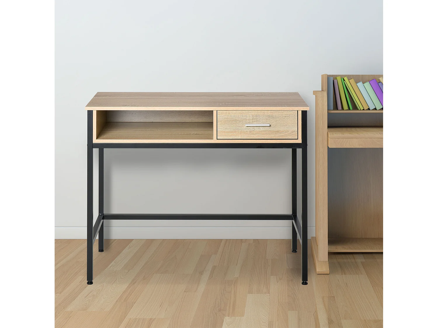 Bureau style industriel casier + tiroir coulissant châssis métal noir plateau panneaux particules chêne clair