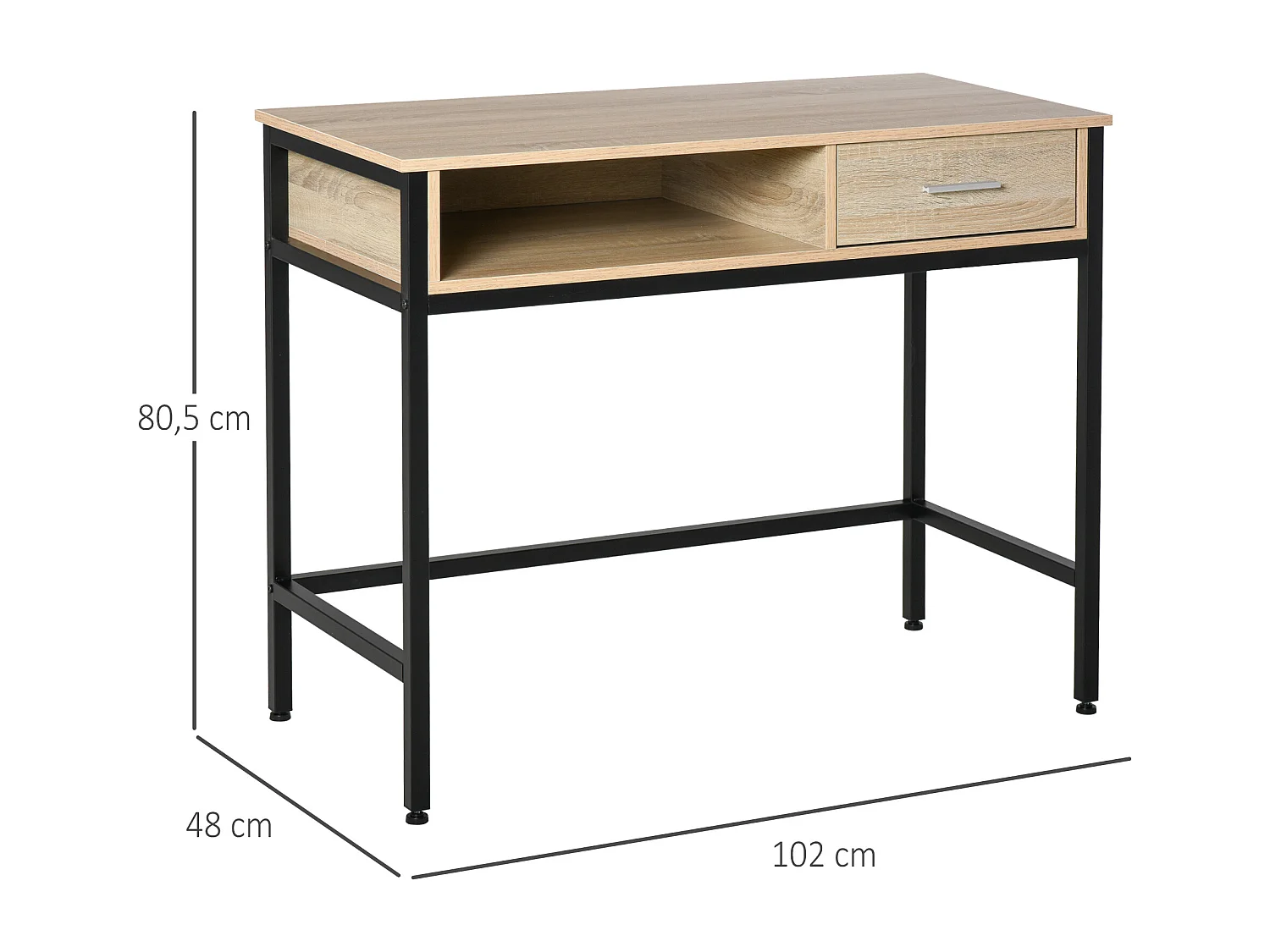 Bureau style industriel casier + tiroir coulissant châssis métal noir plateau panneaux particules chêne clair