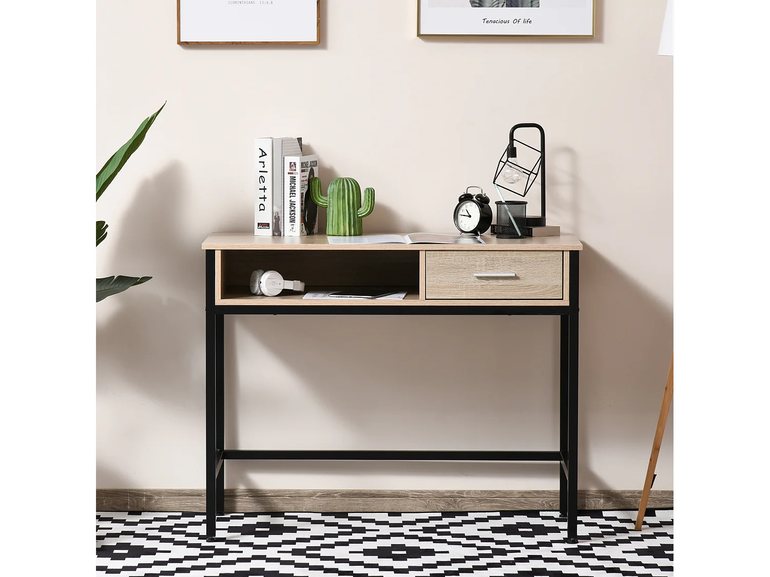 Bureau style industriel casier + tiroir coulissant châssis métal noir plateau panneaux particules chêne clair