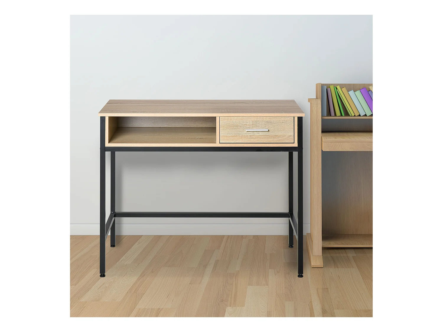 Bureau style industriel casier + tiroir coulissant châssis métal noir plateau panneaux particules chêne clair