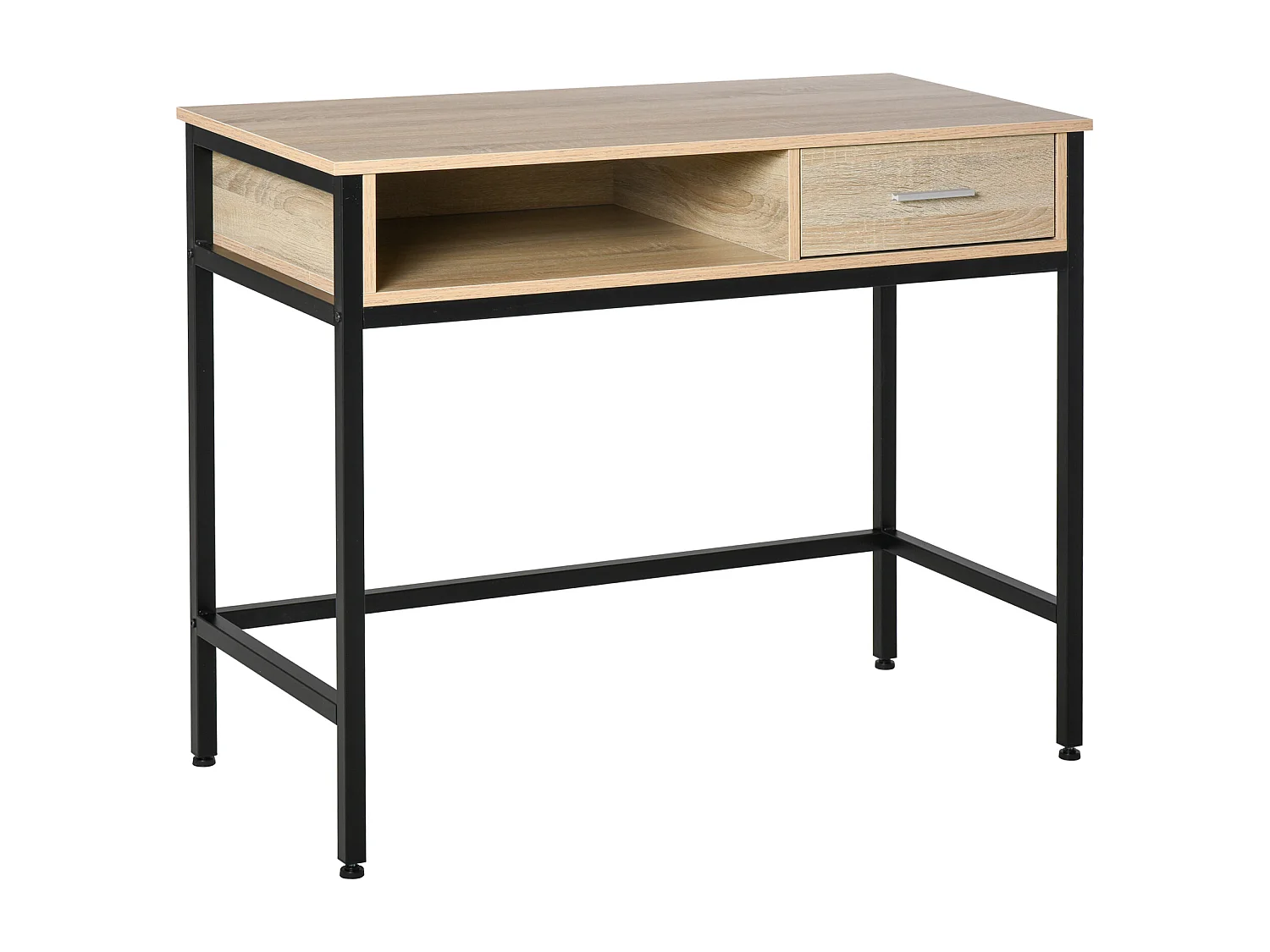 Bureau style industriel casier + tiroir coulissant châssis métal noir plateau panneaux particules chêne clair