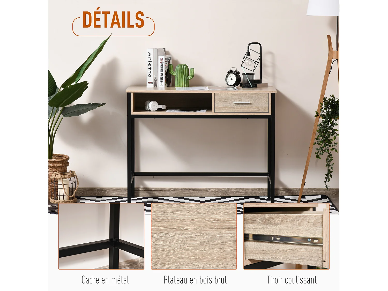 Bureau style industriel casier + tiroir coulissant châssis métal noir plateau panneaux particules chêne clair