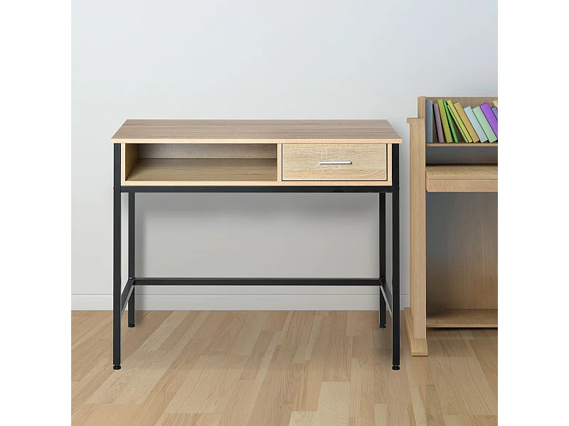 Bureau style industriel casier + tiroir coulissant châssis métal noir plateau panneaux particules chêne clair