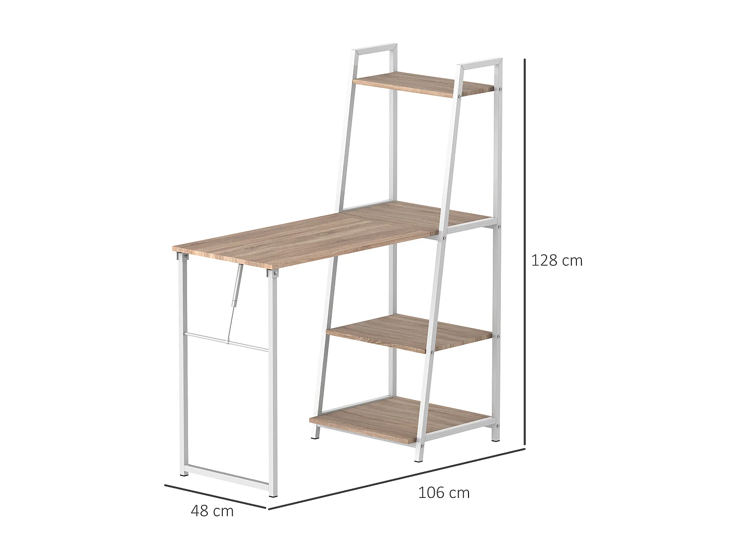 Bureau pliable rabattable - bureau bibliothèque 2 en 1 - 4 étagères - imitation bois chêne clair métal blanc