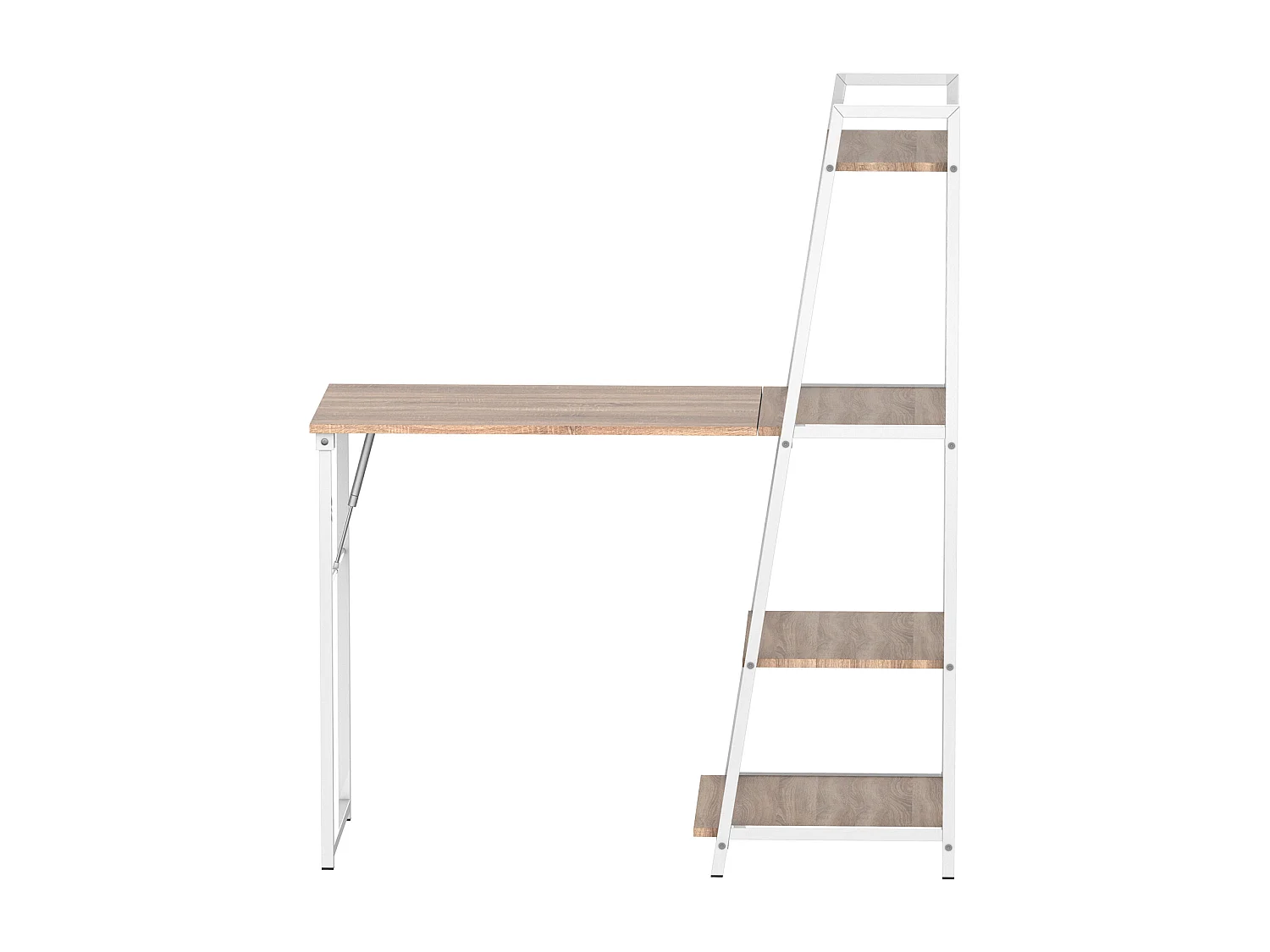 Bureau pliable rabattable - bureau bibliothèque 2 en 1 - 4 étagères - imitation bois chêne clair métal blanc