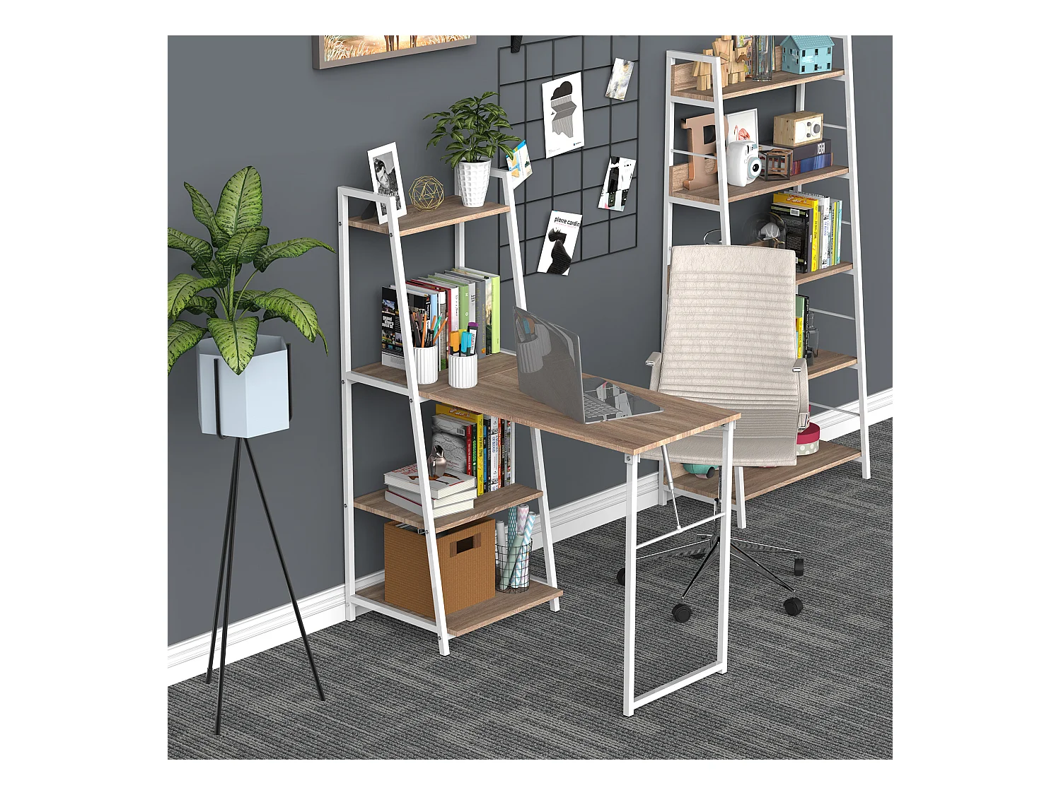 Bureau pliable rabattable - bureau bibliothèque 2 en 1 - 4 étagères - imitation bois chêne clair métal blanc