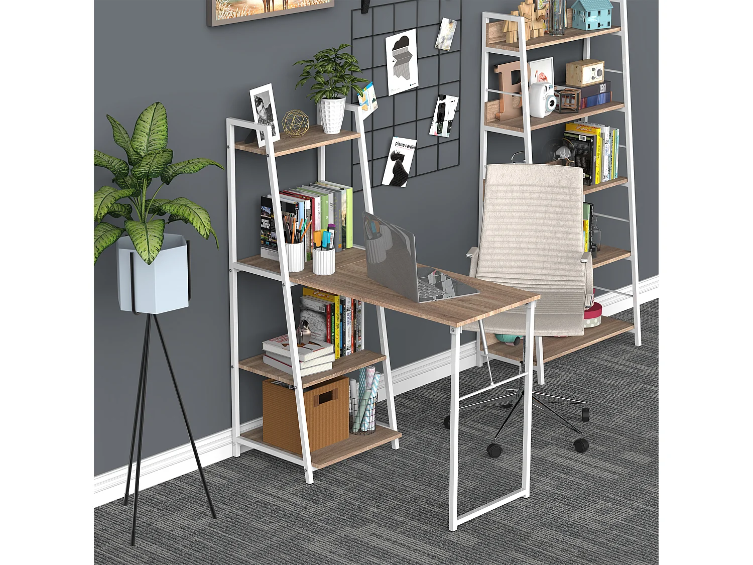 Bureau pliable rabattable - bureau bibliothèque 2 en 1 - 4 étagères - imitation bois chêne clair métal blanc