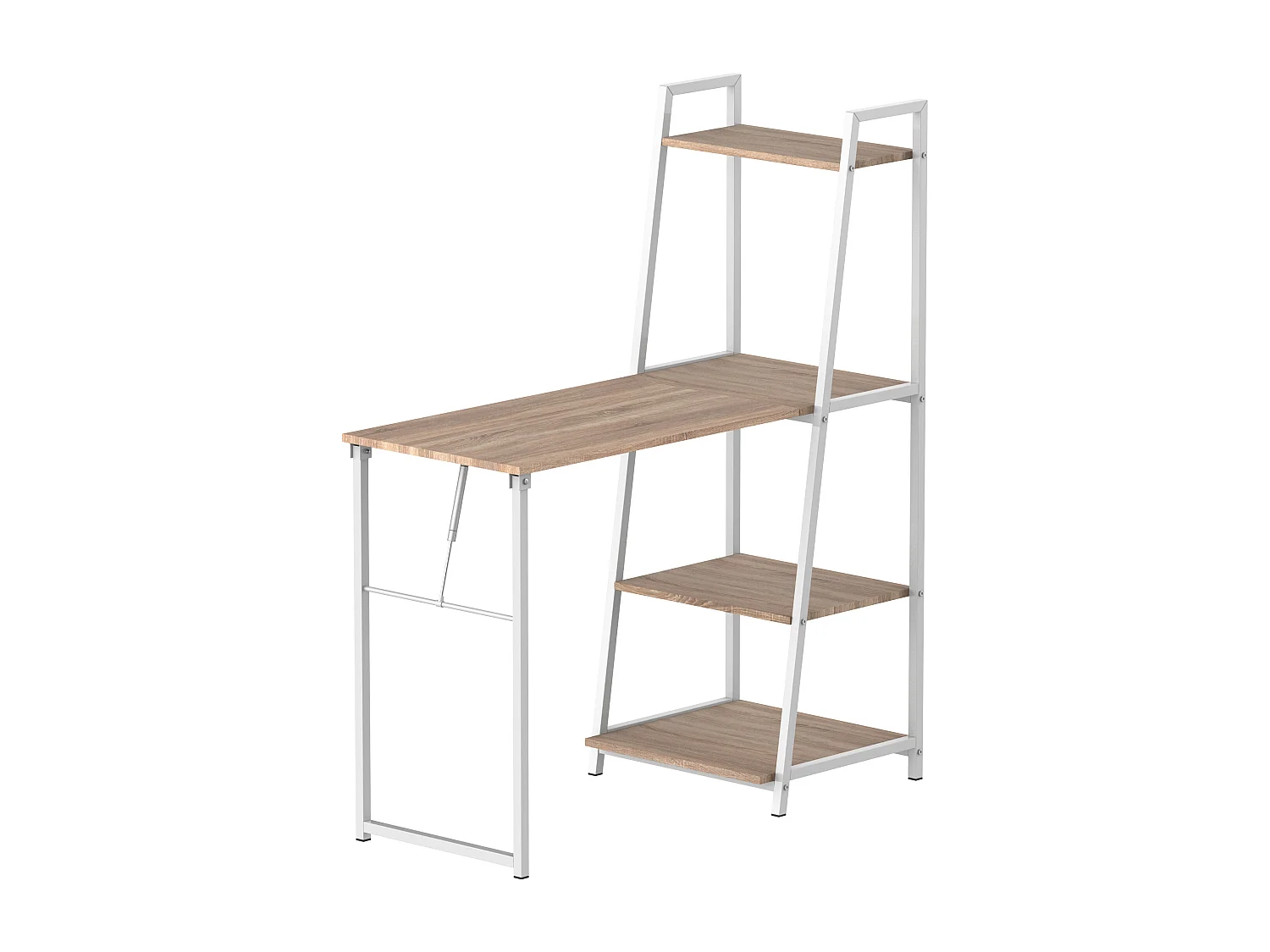 Bureau pliable rabattable - bureau bibliothèque 2 en 1 - 4 étagères - imitation bois chêne clair métal blanc