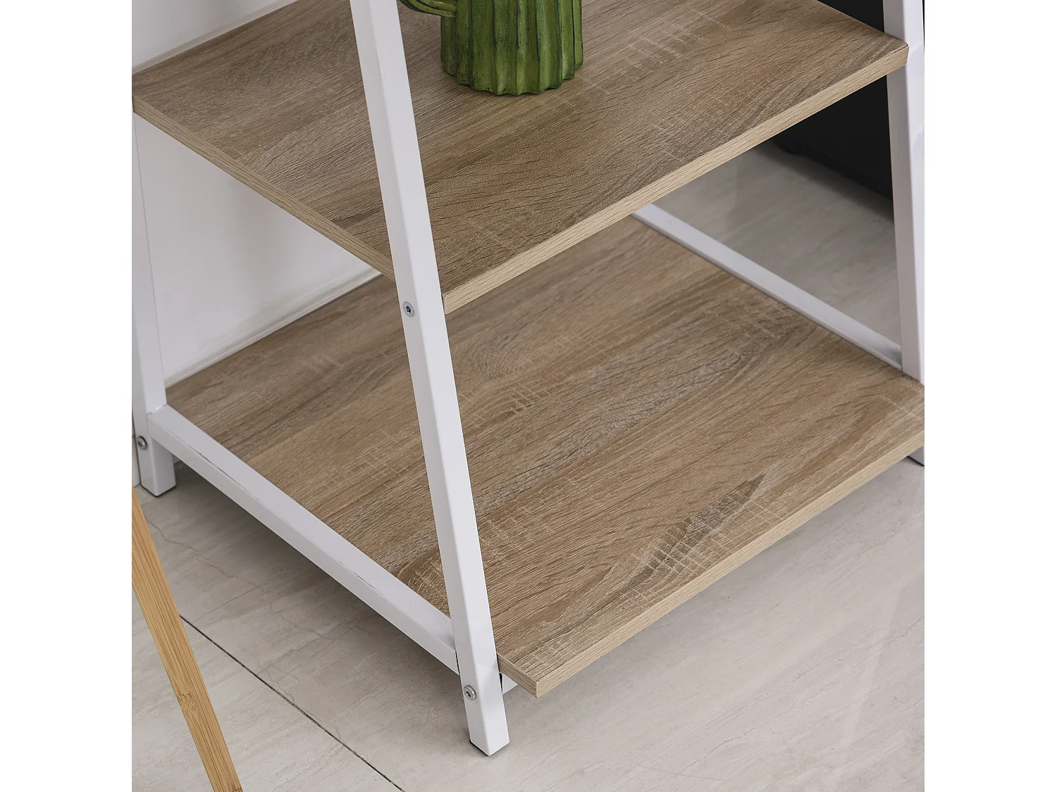 Bureau pliable rabattable - bureau bibliothèque 2 en 1 - 4 étagères - imitation bois chêne clair métal blanc