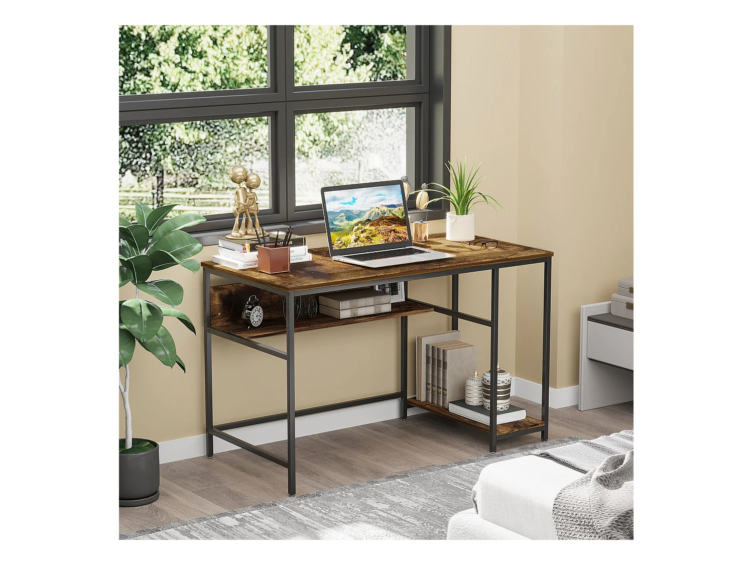 Bureau design industriel - 2 étagères - châssis acier noir grand plateau panneaux particules effet boisé