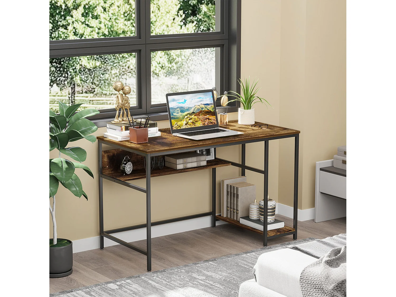 Bureau design industriel - 2 étagères - châssis acier noir grand plateau panneaux particules effet boisé