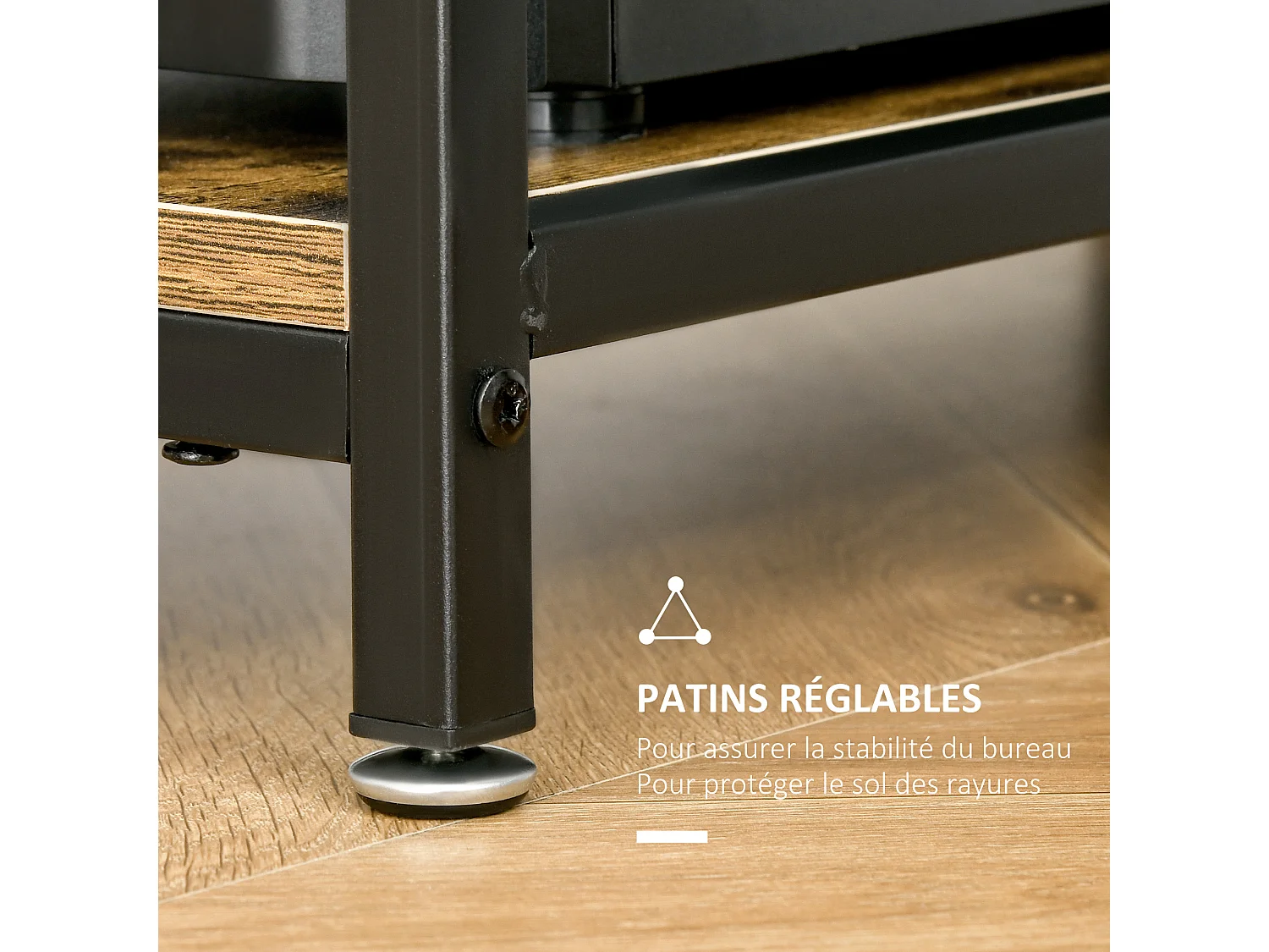 Bureau design industriel - 2 étagères - châssis acier noir grand plateau panneaux particules effet boisé