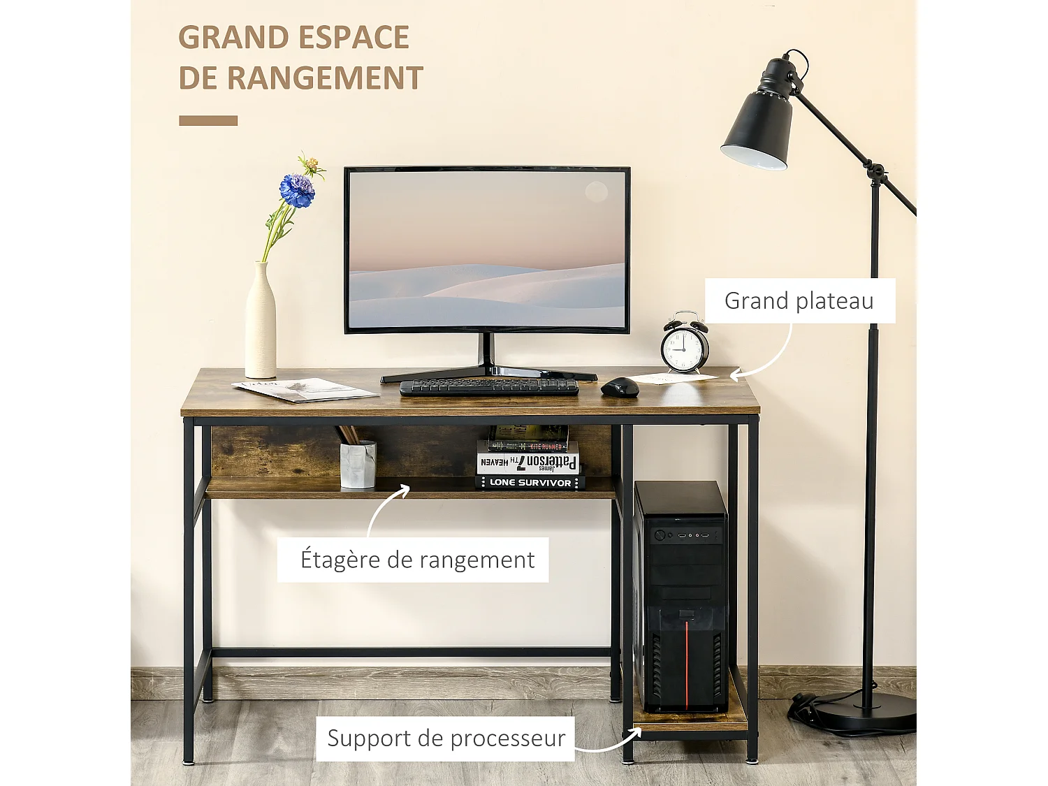 Bureau design industriel - 2 étagères - châssis acier noir grand plateau panneaux particules effet boisé