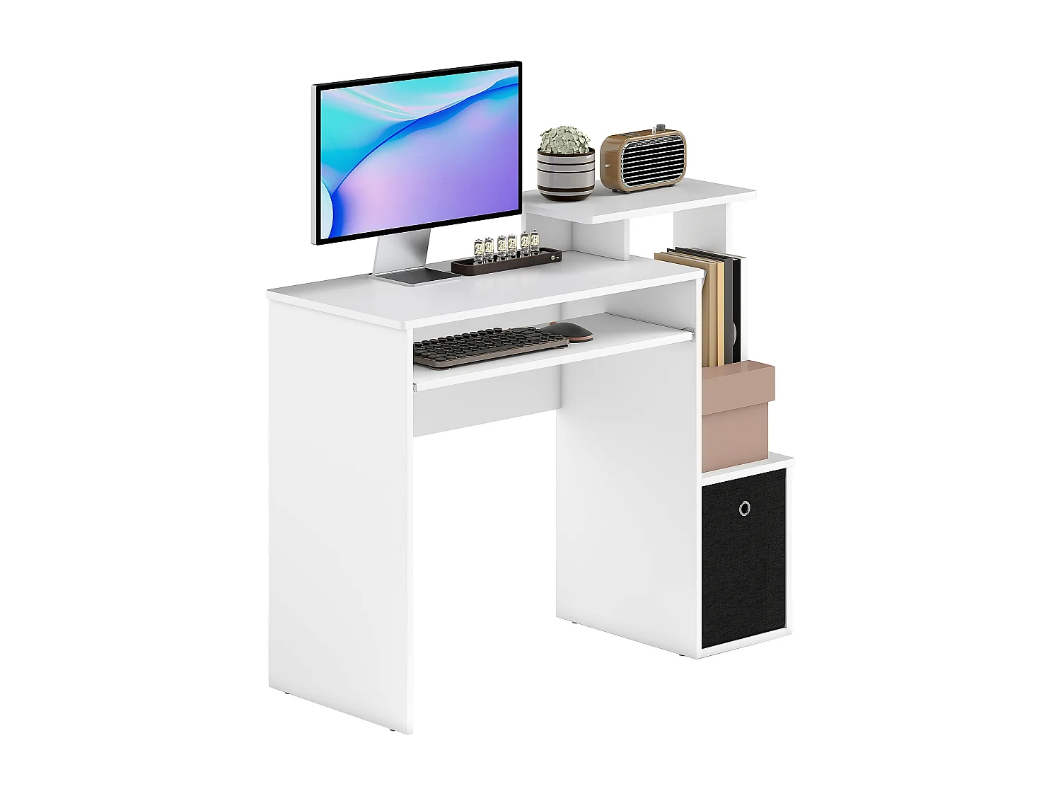 Bureau informatique multimédia étagères tablette clavier panier noir panneaux particules blanc