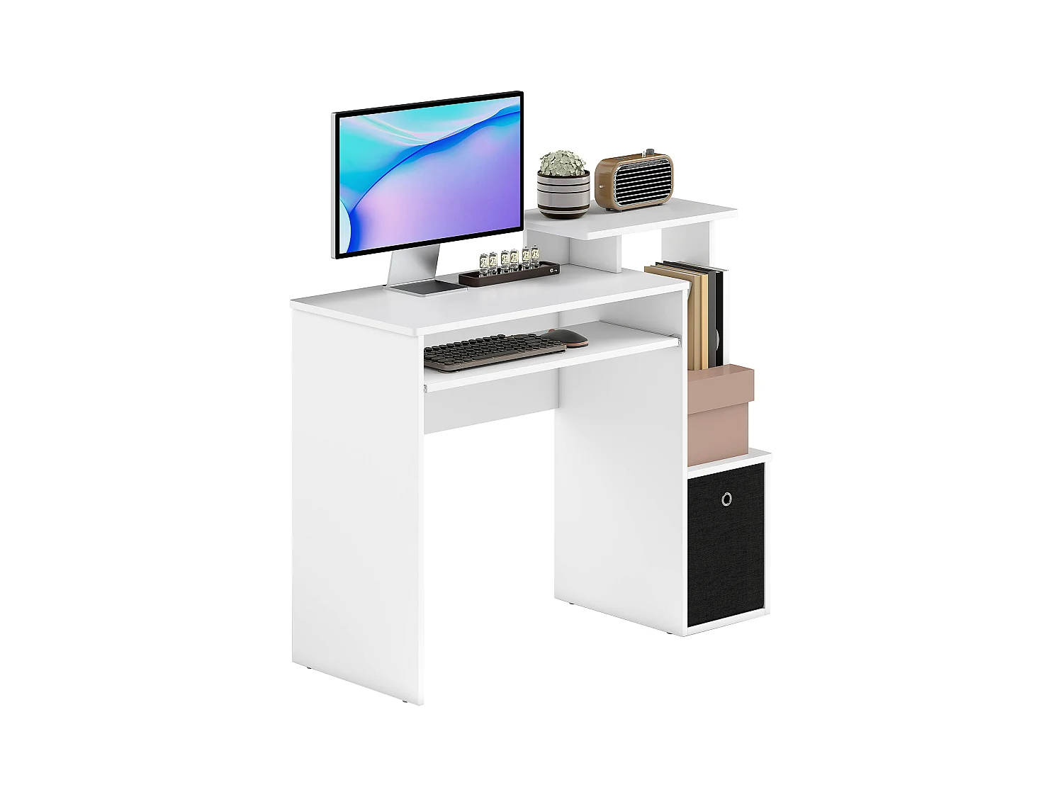 Bureau informatique multimédia étagères tablette clavier panier noir panneaux particules blanc