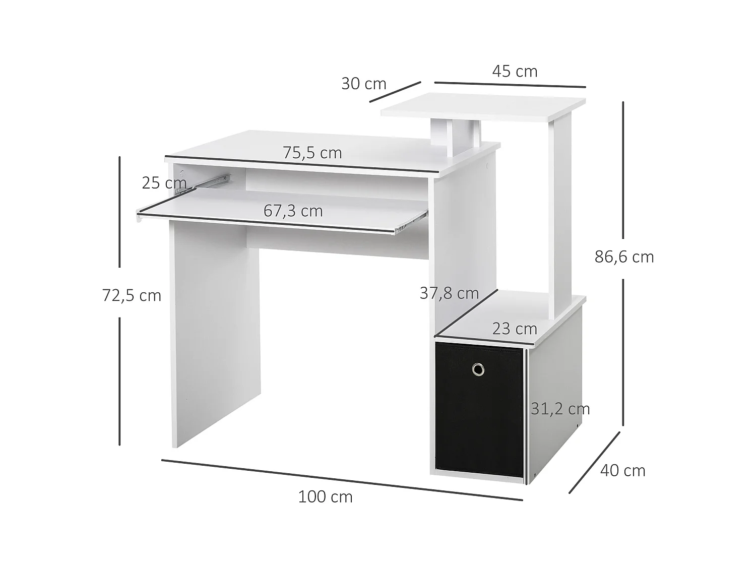 Bureau informatique multimédia étagères tablette clavier panier noir panneaux particules blanc