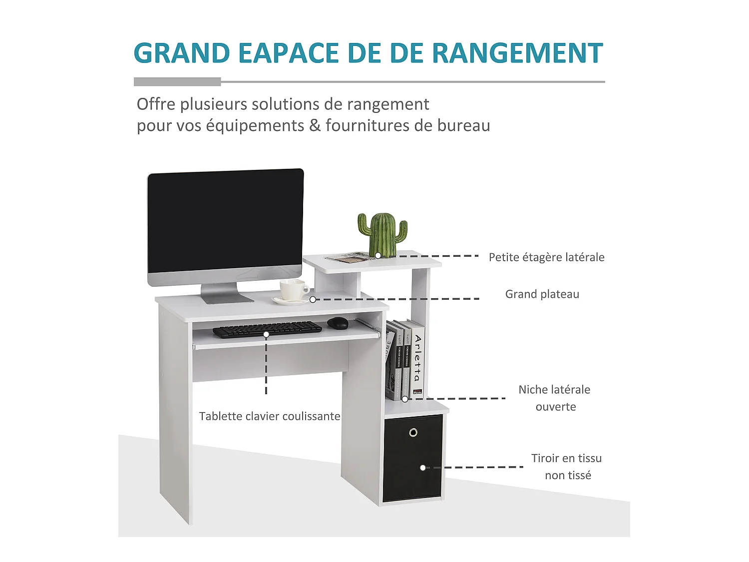 Bureau informatique multimédia étagères tablette clavier panier noir panneaux particules blanc