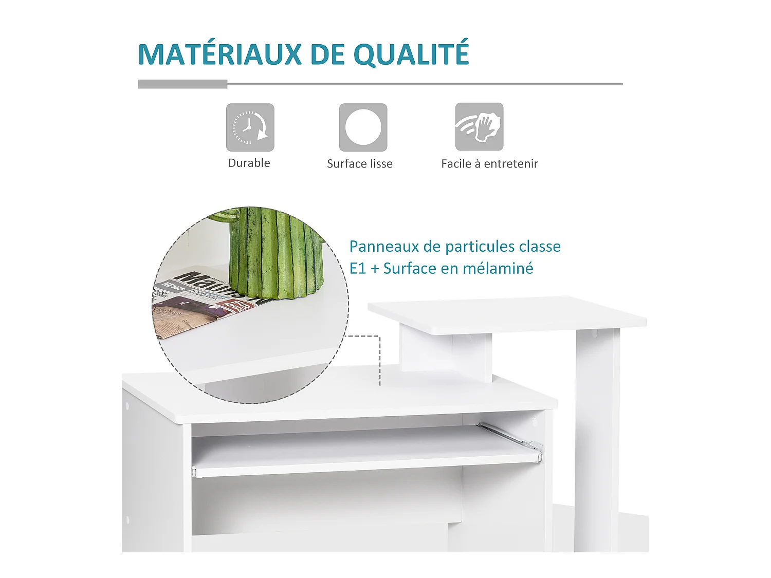 Bureau informatique multimédia étagères tablette clavier panier noir panneaux particules blanc