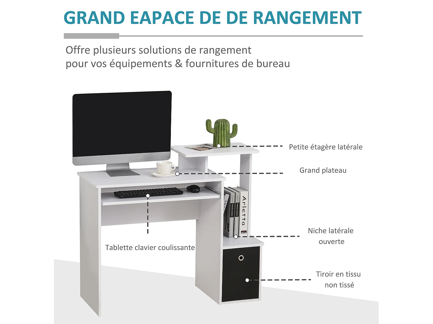 Bureau informatique multimédia étagères tablette clavier panier noir panneaux particules blanc