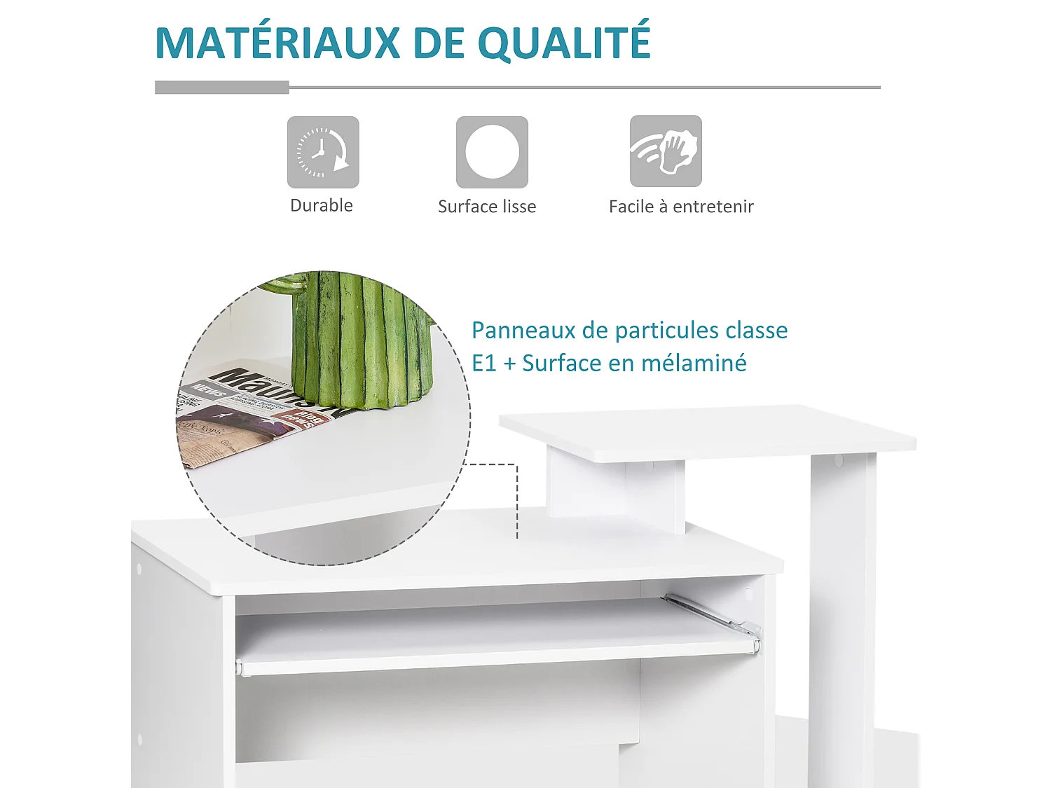 Bureau informatique multimédia étagères tablette clavier panier noir panneaux particules blanc