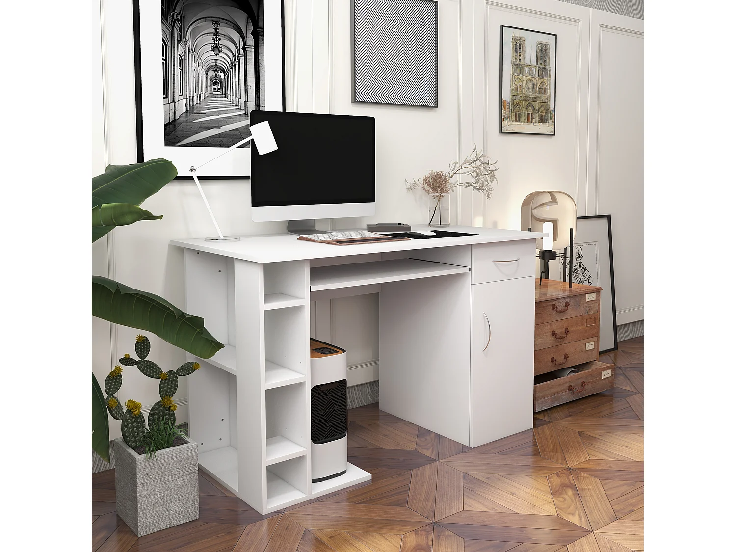 Bureau informatique multimédia multi-rangements avec étagère tiroir tablette clavier MDF 120 x 60 x 74 cm blanc