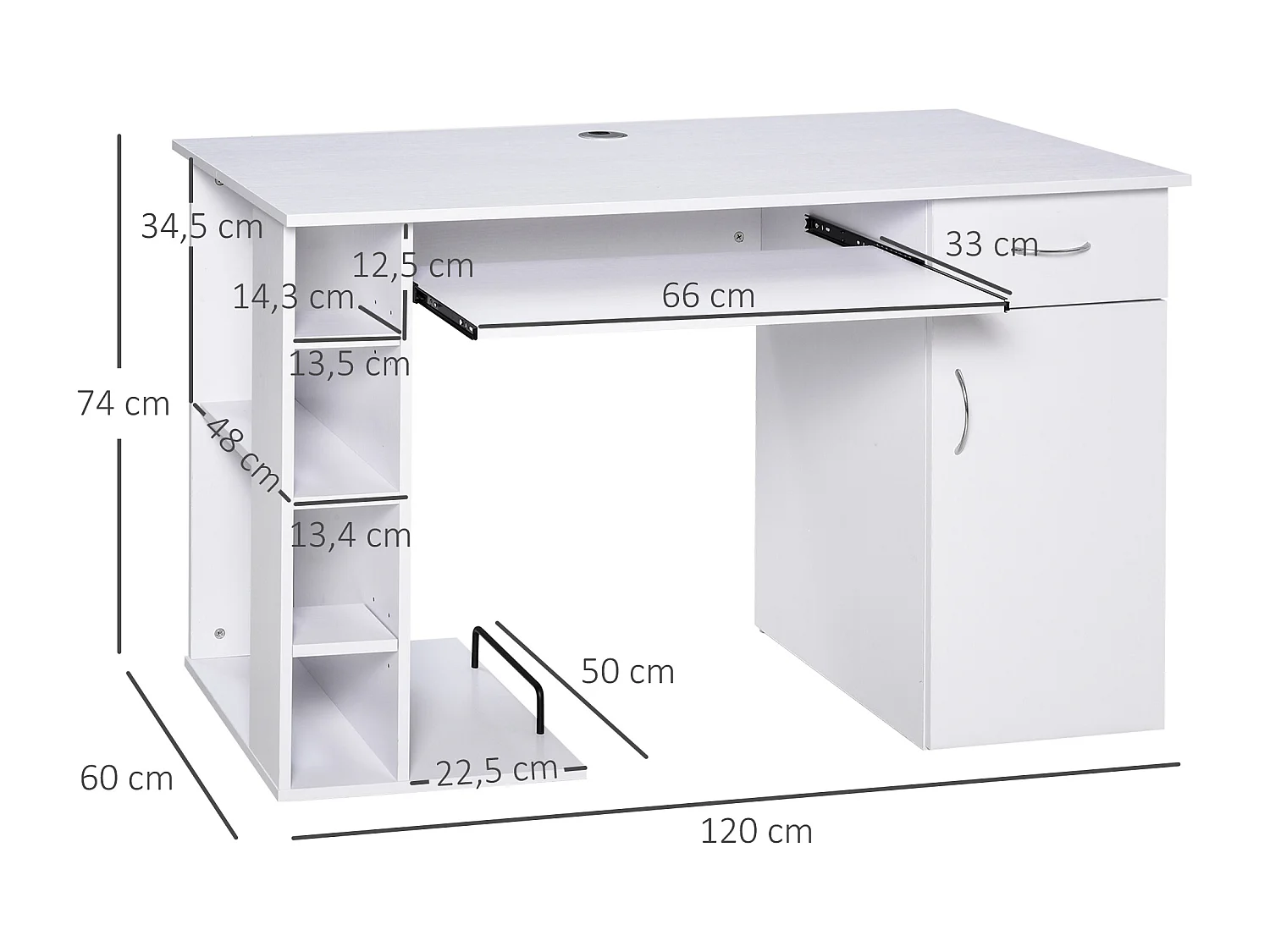 Bureau informatique multimédia multi-rangements avec étagère tiroir tablette clavier MDF 120 x 60 x 74 cm blanc