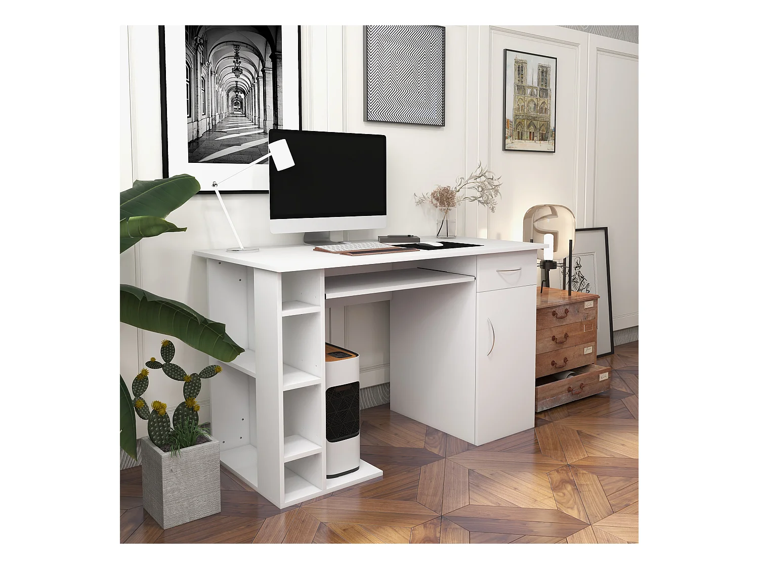 Bureau informatique multimédia multi-rangements avec étagère tiroir tablette clavier MDF 120 x 60 x 74 cm blanc