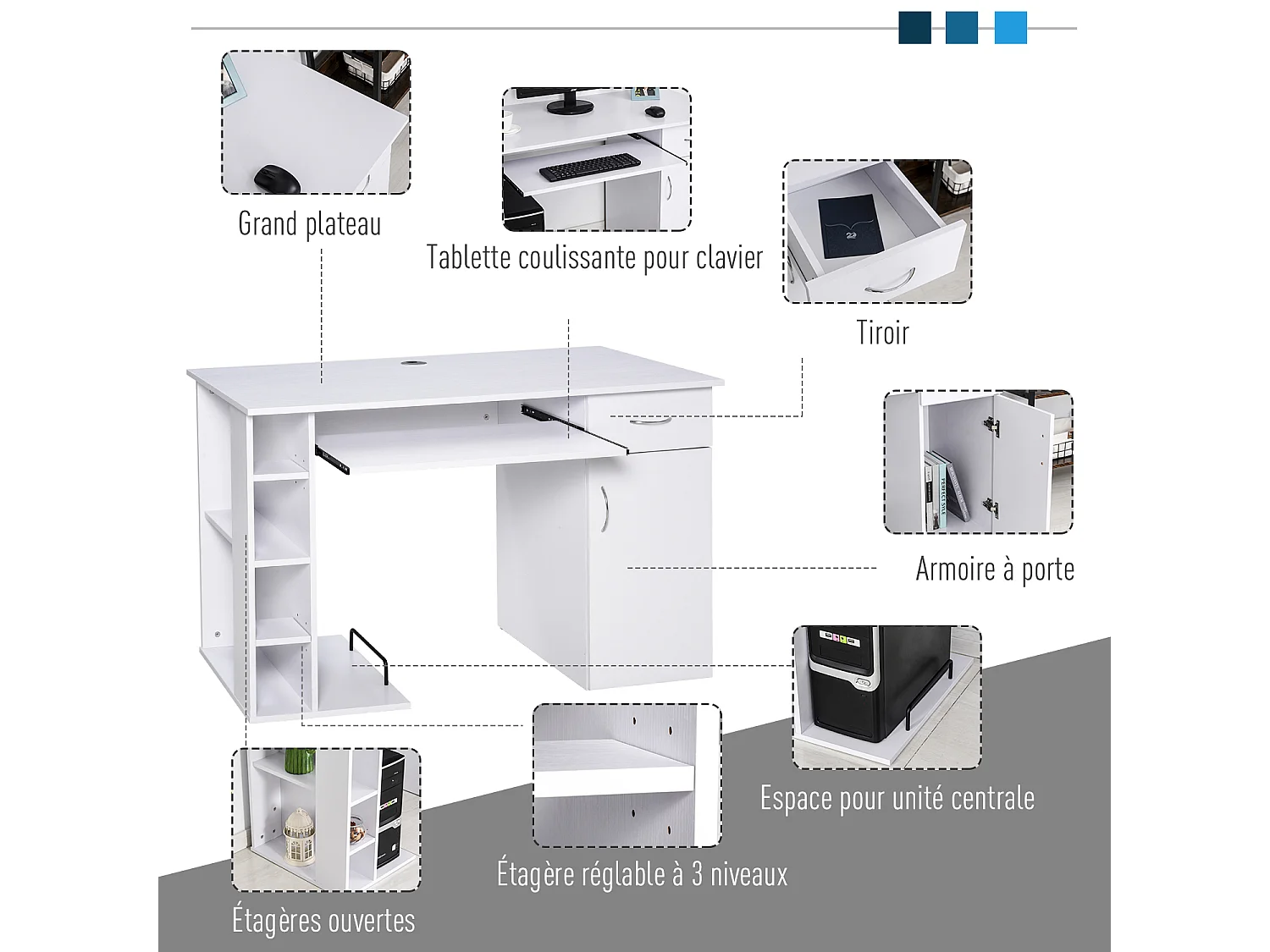 Bureau informatique multimédia multi-rangements avec étagère tiroir tablette clavier MDF 120 x 60 x 74 cm blanc
