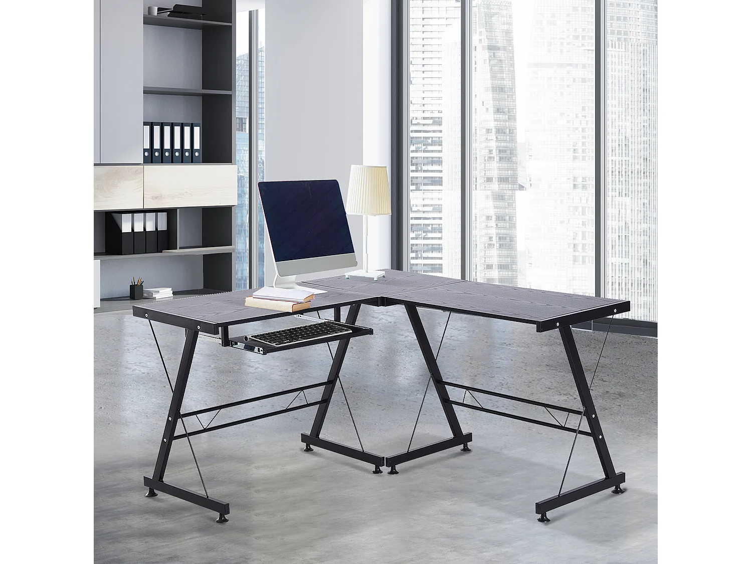 Bureau d'angle bureau informatique design moderne métal MDF imitation veinage bois noir