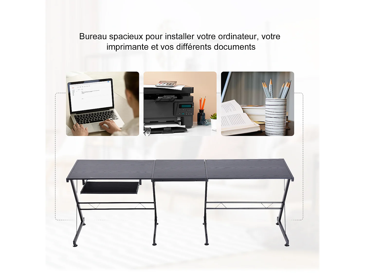 Bureau d'angle bureau informatique design moderne métal MDF imitation veinage bois noir