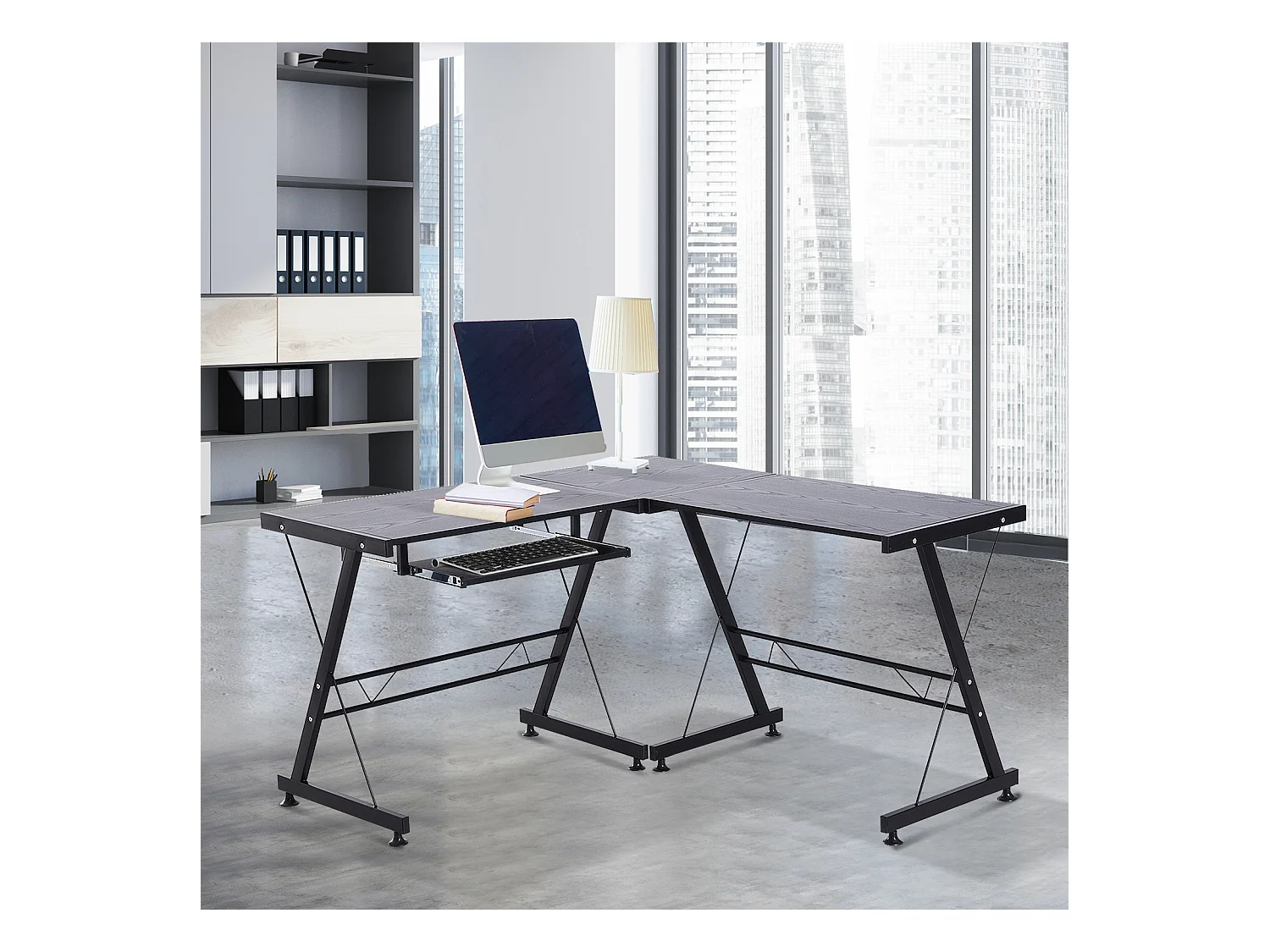 Bureau d'angle bureau informatique design moderne métal MDF imitation veinage bois noir