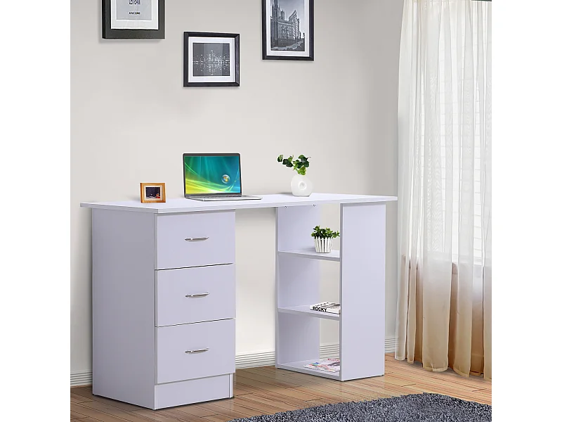 Bureau informatique table multi-fonctions 3 tiroirs 2 étagères dim. 120L x 49l x 72H cm MDF blanc
