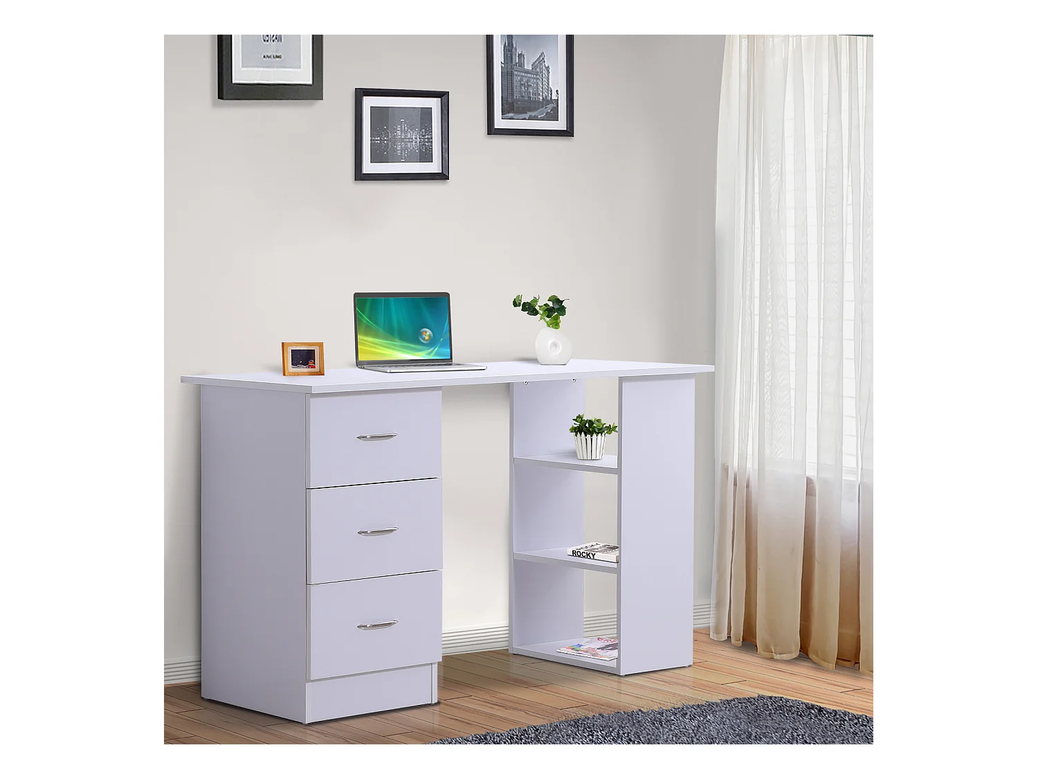 Bureau informatique table multi-fonctions 3 tiroirs 2 étagères dim. 120L x 49l x 72H cm MDF blanc