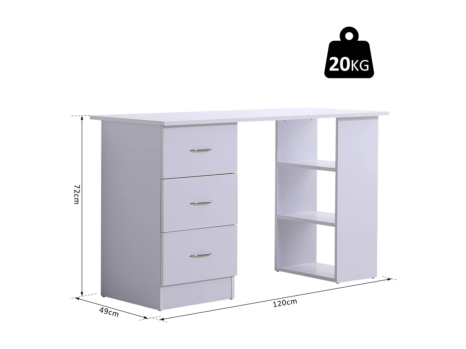 Bureau informatique table multi-fonctions 3 tiroirs 2 étagères dim. 120L x 49l x 72H cm MDF blanc